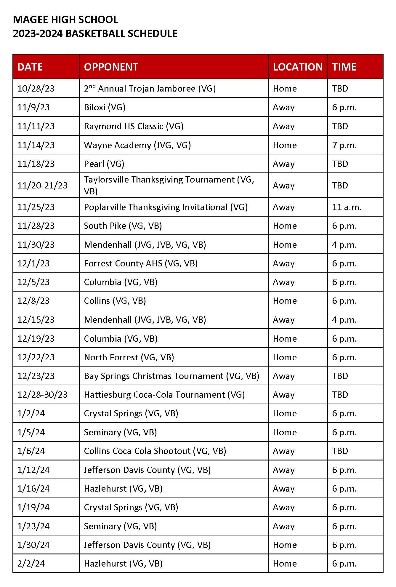 2023-2024 Magee High School Boys Basketball Schedule